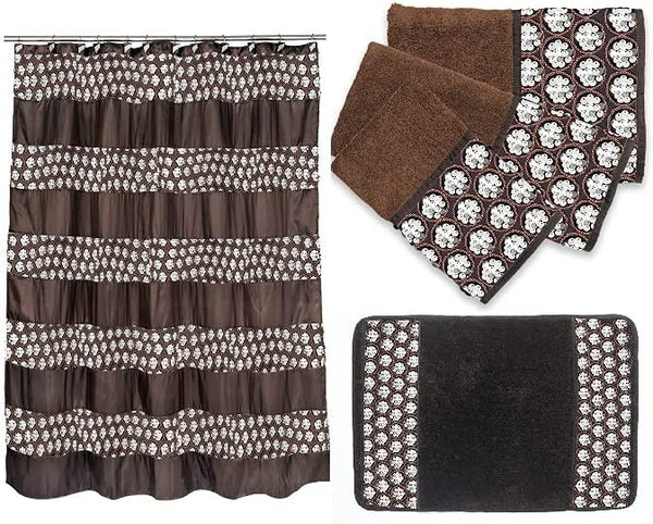 Popular Bath Sinatra 7 Piece Shower Curtain, Shower Hooks, Rugs and Towel Set, ORB Brown