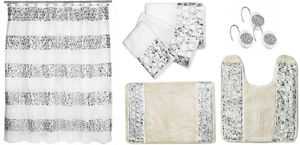 Popular Bath Sinatra 7 Piece Shower Curtain, Shower Hooks, Rugs and Towel Set, White