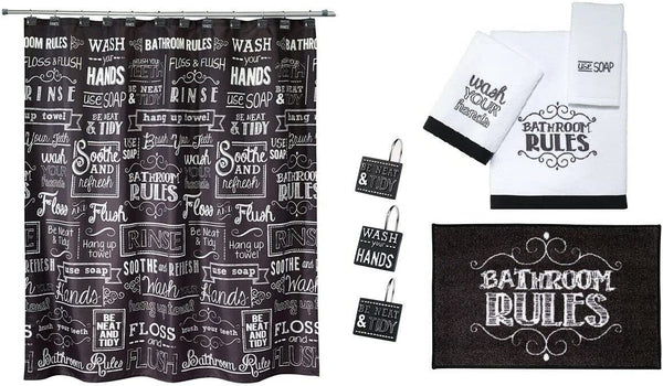 Avanti Linens Chalk It Up Shower Curtain, Shower Hooks, Rug, Bath Towel, Hand Towel and Finger Tip Towel, Black and White