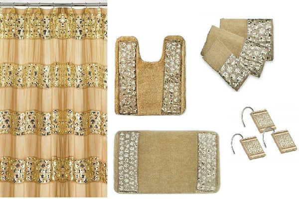 Popular Bath Sinatra 7 Piece Shower Curtain, Shower Hooks, Rugs and Towel Set, Champagne Gold