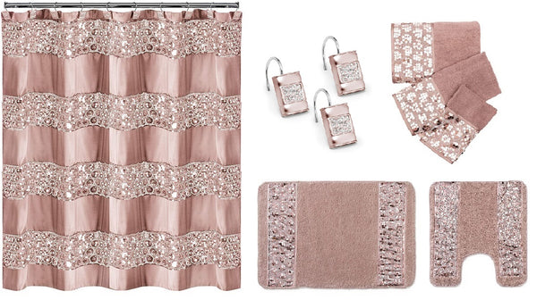 Popular Bath Sinatra 7 Piece Shower Curtain, Shower Hooks, Rugs and Towel Set, Blush Pink