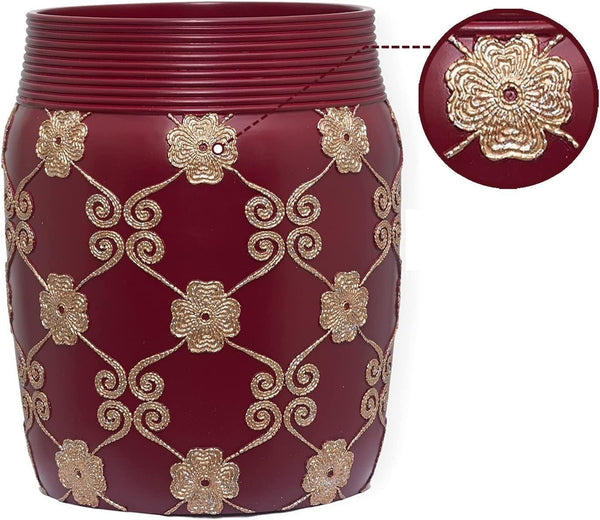 Elegant Rose 6 Piece Waste Basket Resin Bath Accessory Set, Burgundy with Gold