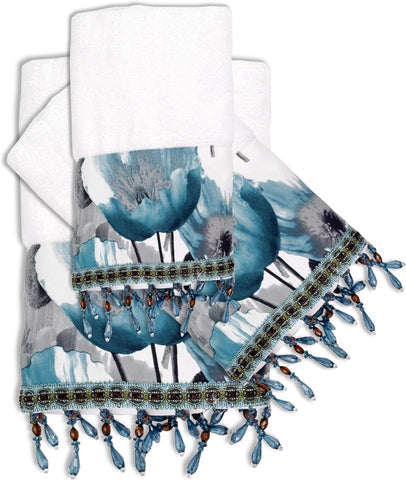 Poppy Fields 3 Piece Bath Towel, Hand Towel and Fingertip Towel Set, with Beaded Trim, Aqua Blue