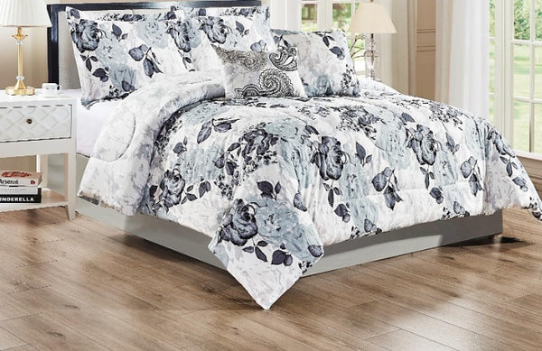 Rhonda 5 Piece Comforter Set Includes 2 Pillow Shams and 2 Throw Pillows, Grey Floral