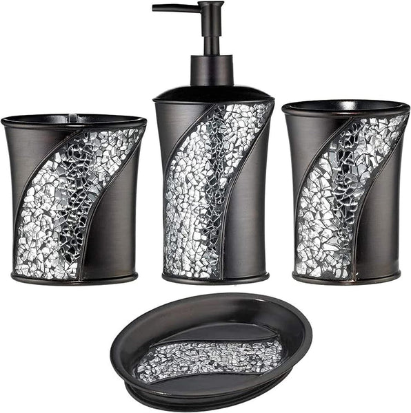 Popular Bath Sinatra 4 Piece Bathroom Set, Heavy Duty Resin ORB Brown with Cracked Ice Glitter Look