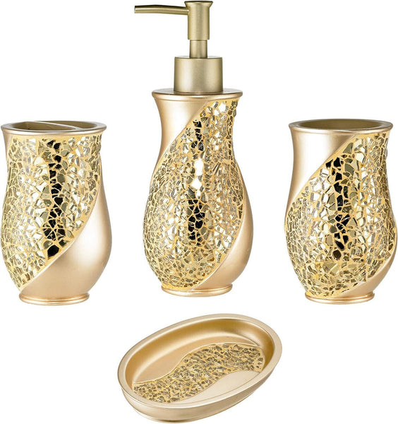 Popular Bath Sinatra 4 Piece Bathroom Set, Heavy Duty Resin Champagne Gold with Cracked Ice Glitter Look