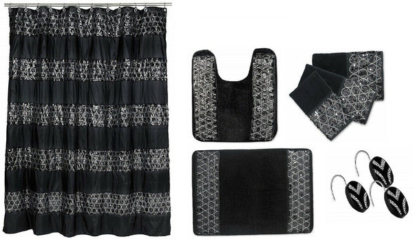 Popular Bath Sinatra 7 Piece Shower Curtain, Shower Hooks, Rugs and Towel Set, Black