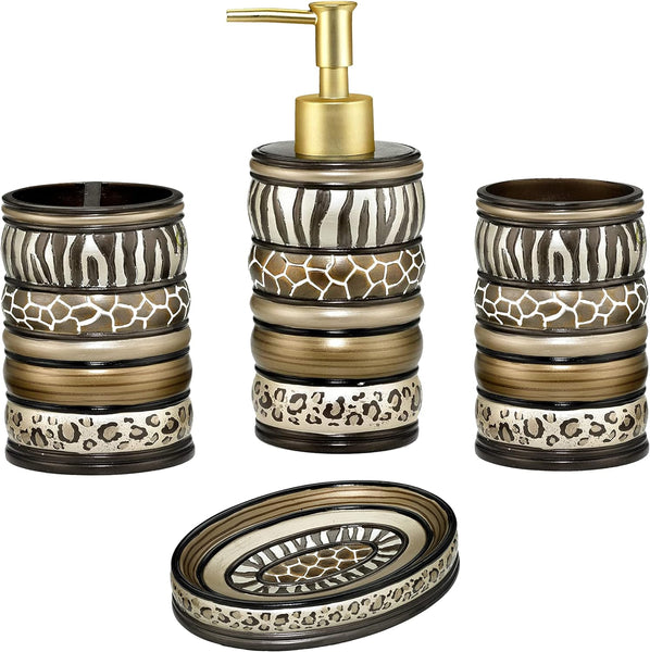 Popular Bath Safari Animal Print 4 Piece Bathroom Set, Heavy Duty Resin, Brown