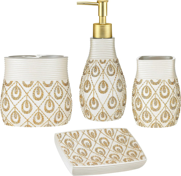Popular Bath Seraphina 4 Piece Bathroom Set, Heavy Duty Resin, Bone and Gold