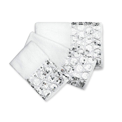 Sinatra 3 Piece Bath Towel, Hand Towel and Fingertip Towel Set, White with Sequins