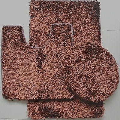 3 PIECE SHINY SOFT PADDED CHENILLE SHAG BATH RUG, CONTOUR RUG AND LID COVER SET