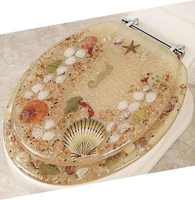 JEWEL SHELL SEASHELL AND SEAHORSE RESIN TOILET SEAT, CHROME HINGES ELONGATED