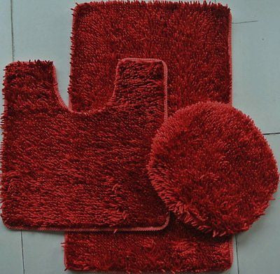 3 PIECE SHINY SOFT PADDED CHENILLE SHAG BATH RUG, CONTOUR RUG AND LID COVER SET