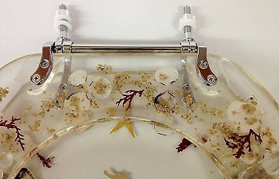 JEWEL SHELL SEASHELL AND SEAHORSE RESIN TOILET SEAT, CHROME HINGES ELONGATED
