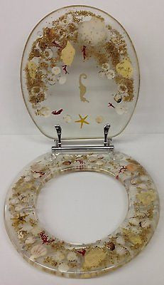 JEWEL SHELL SEASHELL AND SEAHORSE RESIN TOILET SEAT, CHROME HINGES ELONGATED