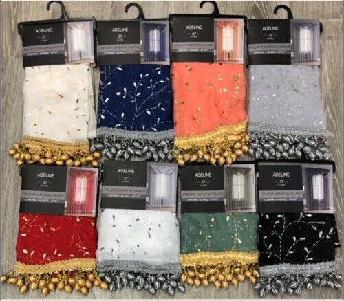 ADELINE 5 PIECE SHEER CURTAIN SET WITH BEADED AUSTRIAN VALANCES, FOIL METALLIC