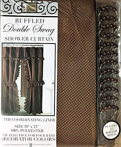 MOSAIC DOUBLE SWAG FABRIC SHOWER CURTAIN, LINER AND 12 ROLLER HOOKS