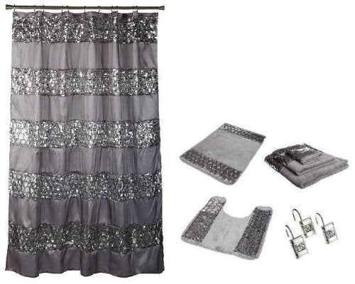 Popular Bath Sinatra Silver Shower Curtain, Rugs and Resin Accessory Set
