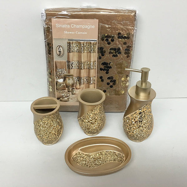 Popular Bath 5 Piece Sinatra Champagne Gold Shower Curtain and Resin Bath Accessory Set