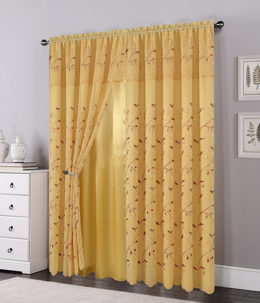 Set of 2 Lucia Embroidered Curtains with Attached Valance and Backing, 84" Long