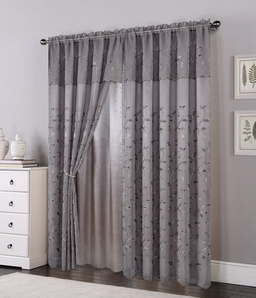 Set of 2 Lucia Embroidered Curtains with Attached Valance and Backing, 84" Long