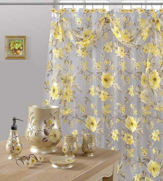 7 Piece Melrose Yellow Shower Curtain, Shower Hooks and Resin Wastebas –  Brown's Linens and Window Coverings