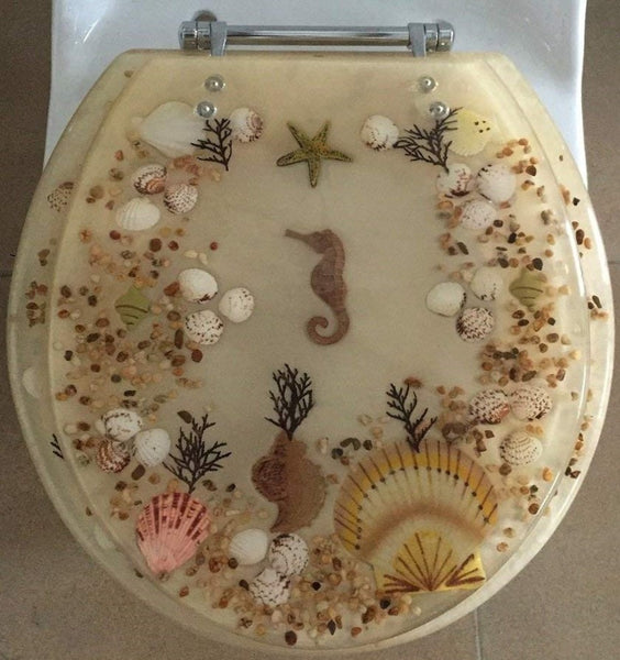 JEWEL SHELL SEASHELL AND SEAHORSE RESIN TOILET SEAT, CHROME HINGES STANDARD SIZE