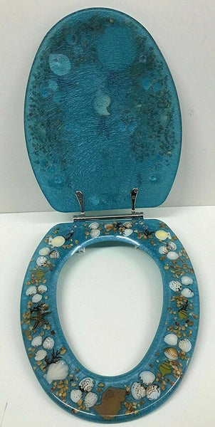 JEWEL SHELL SEASHELL AND SEAHORSE RESIN TOILET SEAT, CHROME HINGES STANDARD SIZE