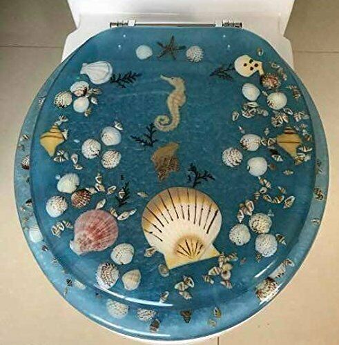 JEWEL SHELL SEASHELL AND SEAHORSE RESIN TOILET SEAT, CHROME HINGES STANDARD SIZE