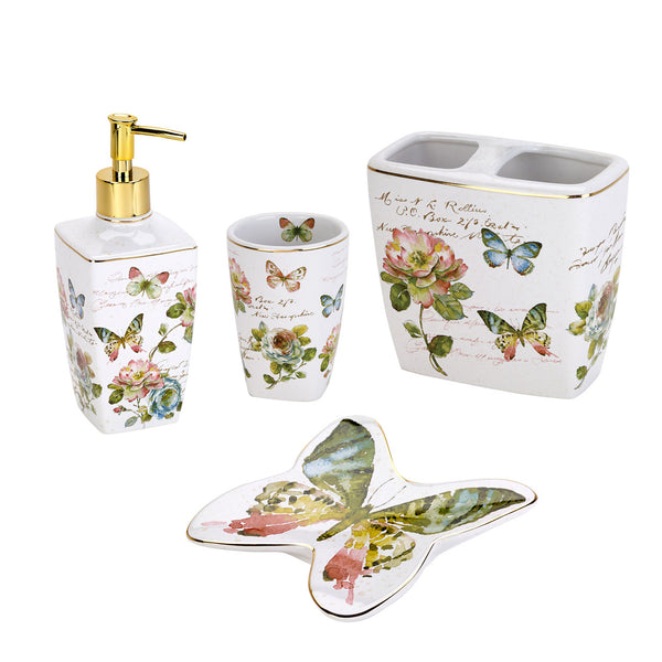 Butterfly Garden 6 Piece Ceramic Bath Accessory Set, Multi Pink and White