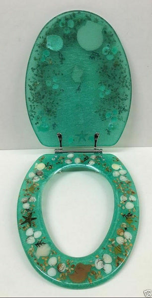 JEWEL SHELL SEASHELL AND SEAHORSE RESIN TOILET SEAT, CHROME HINGES STANDARD SIZE