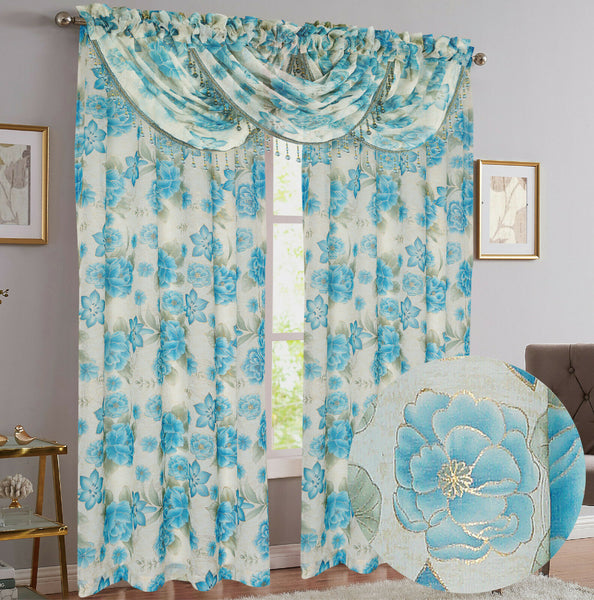 Gwen Floral 5 Piece Sheer Curtain Set with Beaded Austrian Valances, Foil Metallic Accents