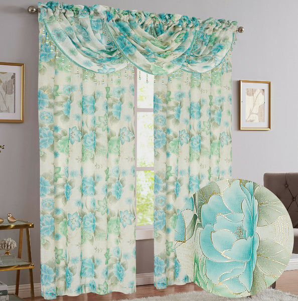 Gwen Floral 5 Piece Sheer Curtain Set with Beaded Austrian Valances, Foil Metallic Accents