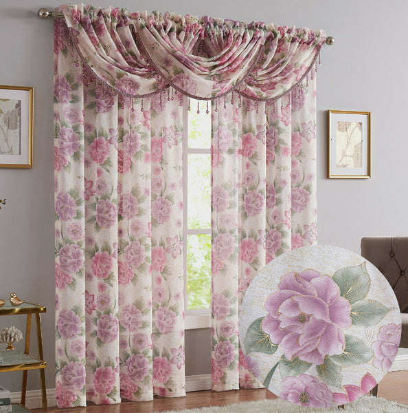 Gwen Floral 5 Piece Sheer Curtain Set with Beaded Austrian Valances, Foil Metallic Accents