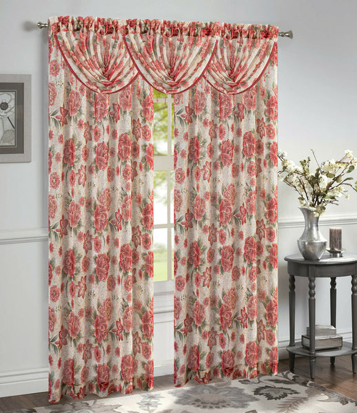 Gwen Floral 5 Piece Sheer Curtain Set with Beaded Austrian Valances, Foil Metallic Accents