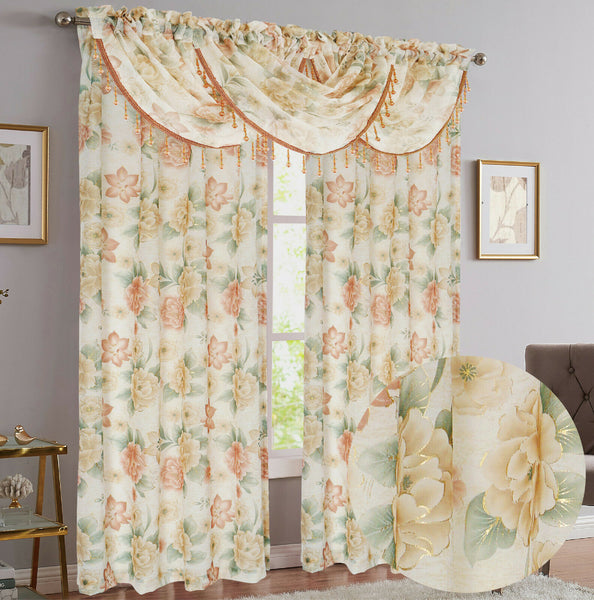 Gwen Floral 5 Piece Sheer Curtain Set with Beaded Austrian Valances, Foil Metallic Accents