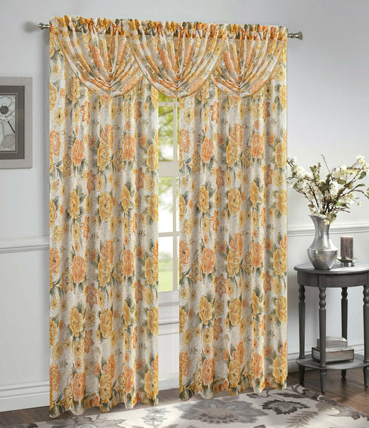 Gwen Floral 5 Piece Sheer Curtain Set with Beaded Austrian Valances, Foil Metallic Accents