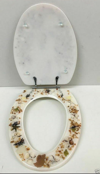 JEWEL SHELL SEASHELL AND SEAHORSE RESIN TOILET SEAT, CHROME HINGES STANDARD SIZE