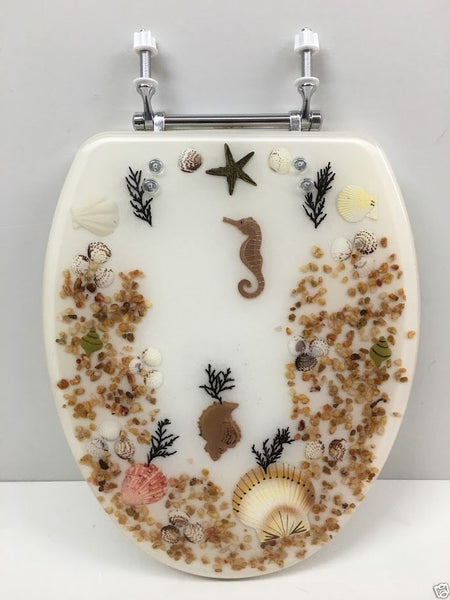 ELONGATED IVORY SEASHELL AND SEAHORSE RESIN TOILET SEAT, CHROME HINGES