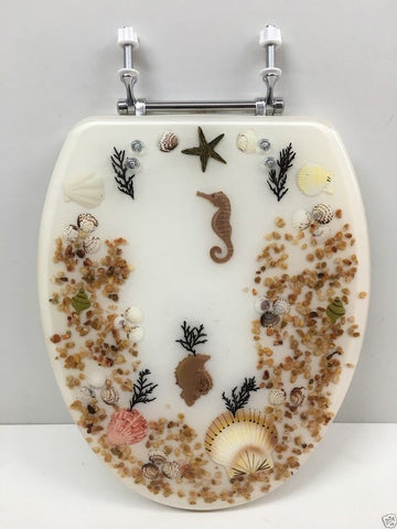ELONGATED IVORY SEASHELL AND SEAHORSE RESIN TOILET SEAT, CHROME HINGES