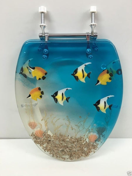 ELONGATED BLUE AQUARIUM FISH AND SEASHELL RESIN TOILET SEAT, CHROME HINGES