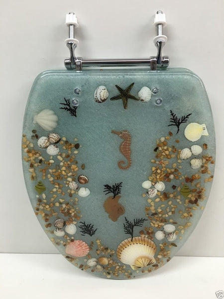 ELONGATED AQUA SEASHELL AND SEAHORSE RESIN TOILET SEAT, CHROME HINGES
