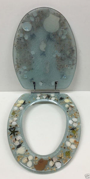 ELONGATED AQUA SEASHELL AND SEAHORSE RESIN TOILET SEAT, CHROME HINGES