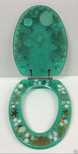 ELONGATED GREEN SEASHELL AND SEAHORSE RESIN TOILET SEAT, CHROME HINGES