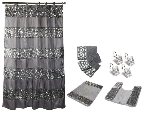 Popular Bath Sinatra 7 Piece Shower Curtain, Shower Hooks, Rugs and Towel Set -Silver