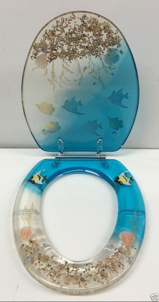 ELONGATED BLUE AQUARIUM FISH AND SEASHELL RESIN TOILET SEAT, CHROME HINGES