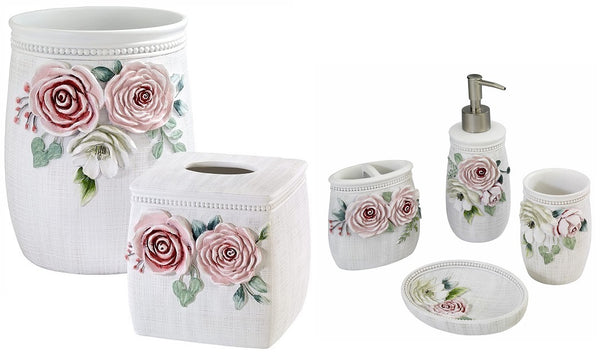 Spring Garden 6 Piece Ceramic Bath Accessory Set, Multi Pink Peonies and White