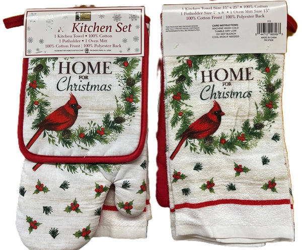 Merry Christmas 6 Piece Kitchen Set, 2 Dish Towels, 2 Pot Holders, 2 Oven Mitts - Cardinal