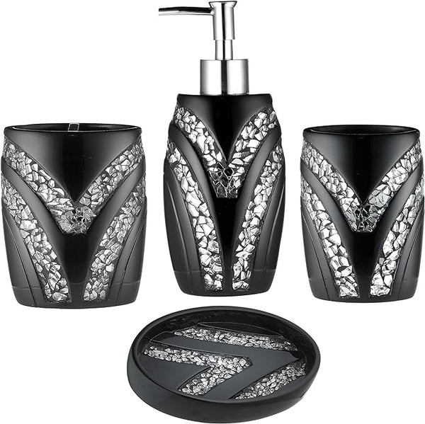 Popular Bath Sinatra 4 Piece Bathroom Set, Heavy Duty Resin Black with Cracked Ice Glitter Look