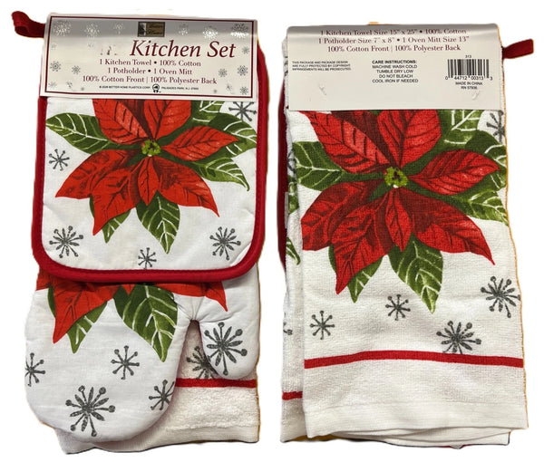 Merry Christmas 6 Piece Kitchen Set, 2 Dish Towels, 2 Pot Holders, 2 Oven Mitts - Poinsettia